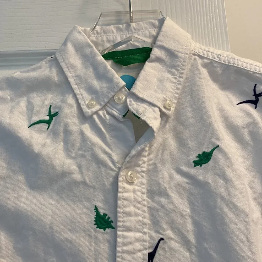 Mini Boden White Button Down Embroidered Dinosaur Shirt